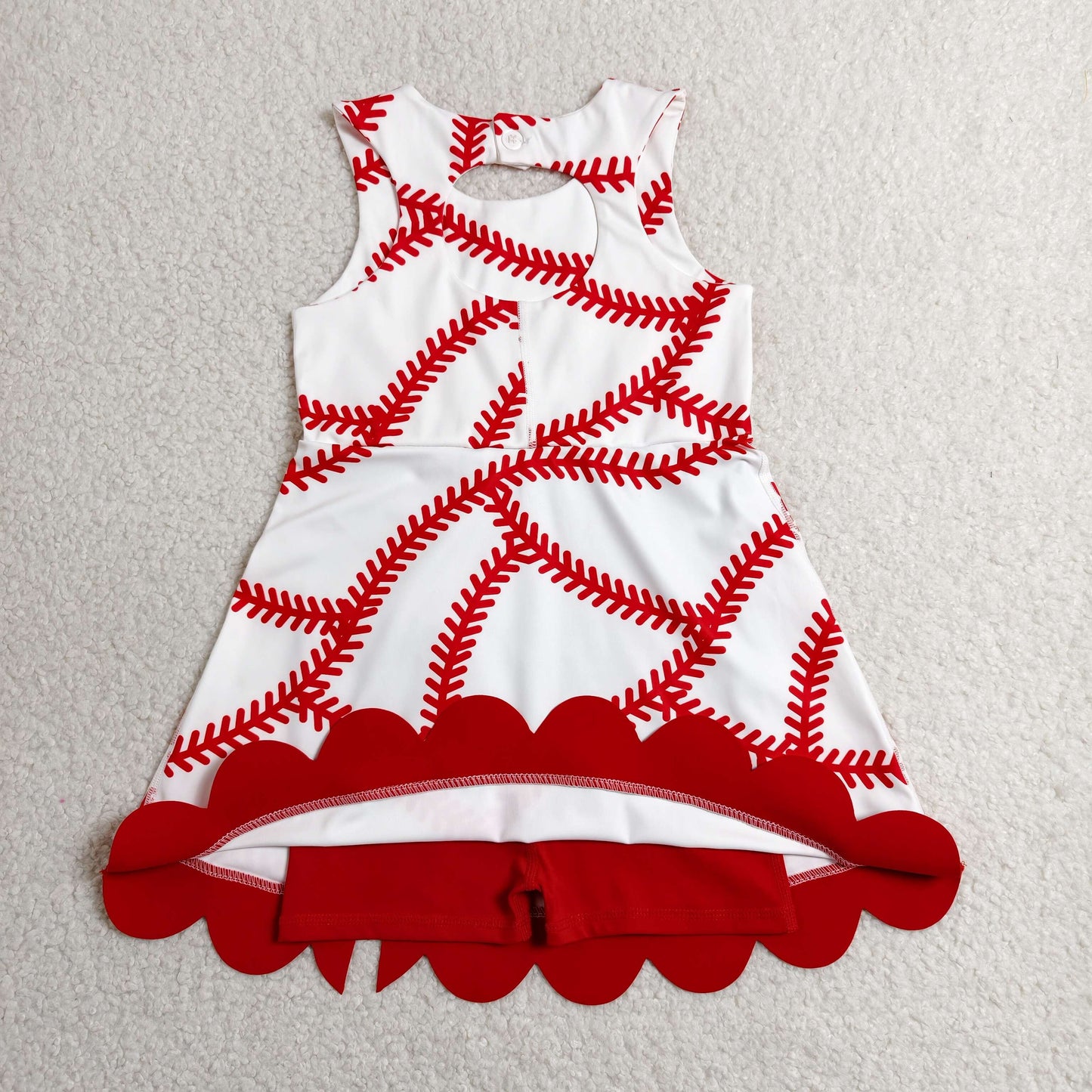 RTS NO MOQ Yoga GSD3833 Baby Girls Baseball Bows Team Yoga Active Short Scallop Knee Length Dress
