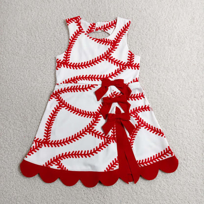 RTS NO MOQ Yoga GSD3833 Baby Girls Baseball Bows Team Yoga Active Short Scallop Knee Length Dress