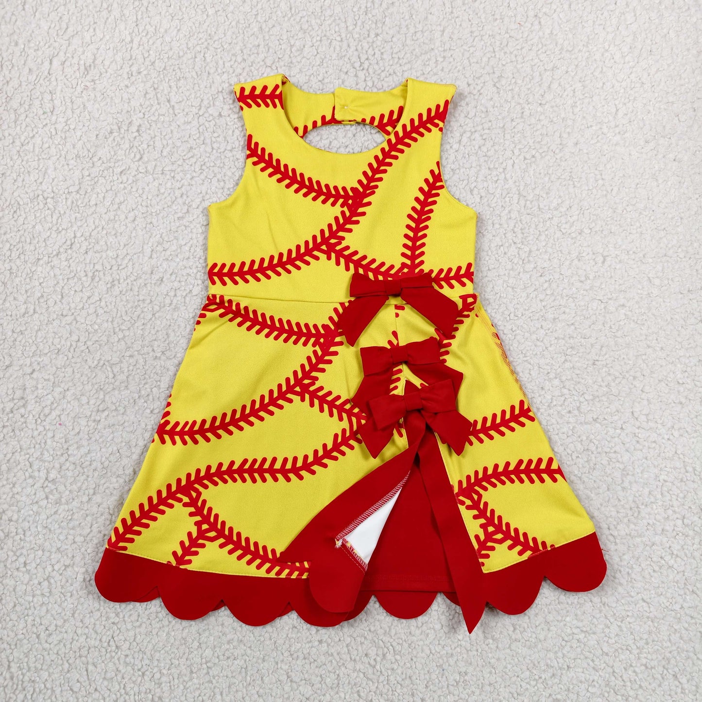 RTS NO MOQ Yoga GSD3834 Baby Girls Softball Bows Team Yoga Active Short Scallop Knee Length Dress