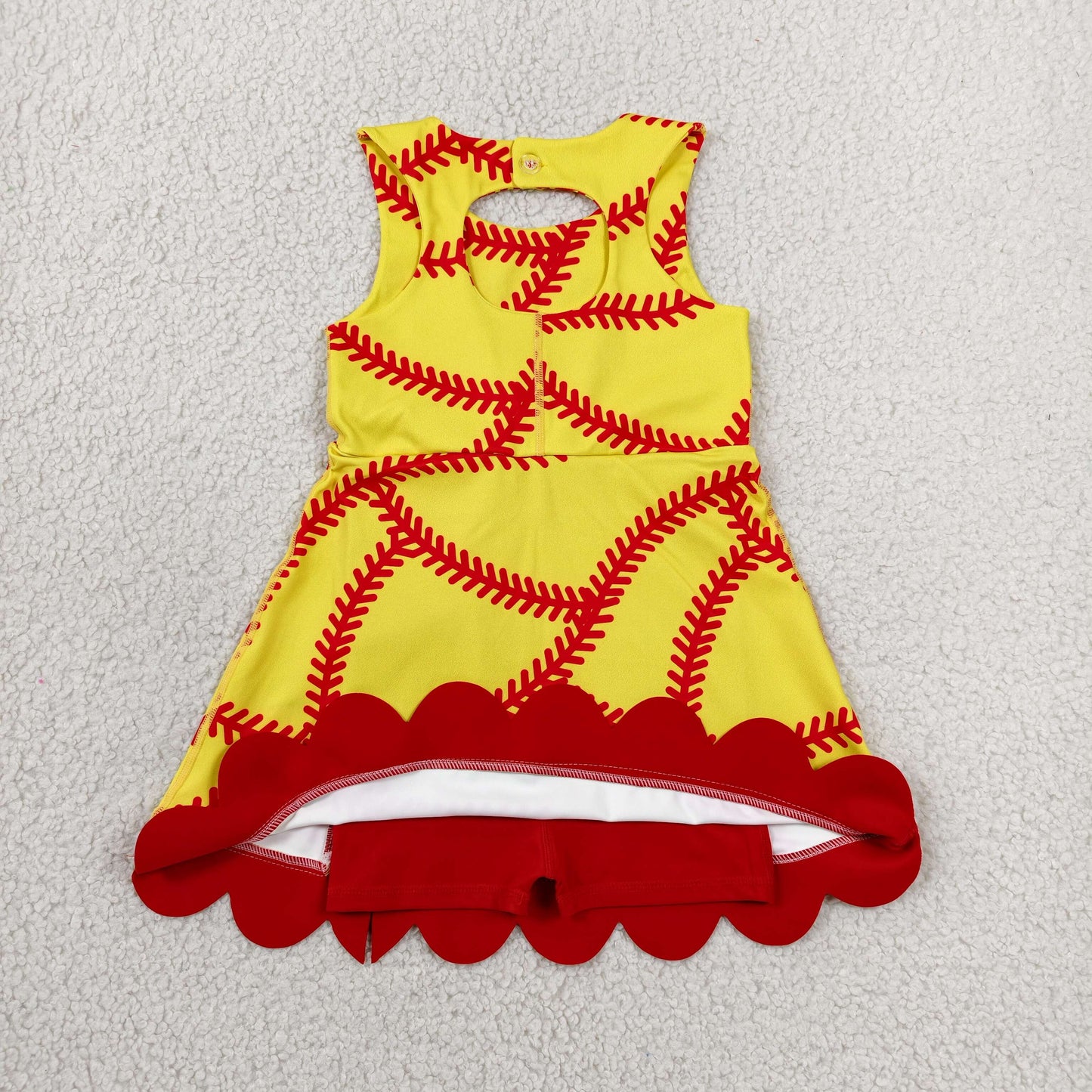 RTS NO MOQ Yoga GSD3834 Baby Girls Softball Bows Team Yoga Active Short Scallop Knee Length Dress