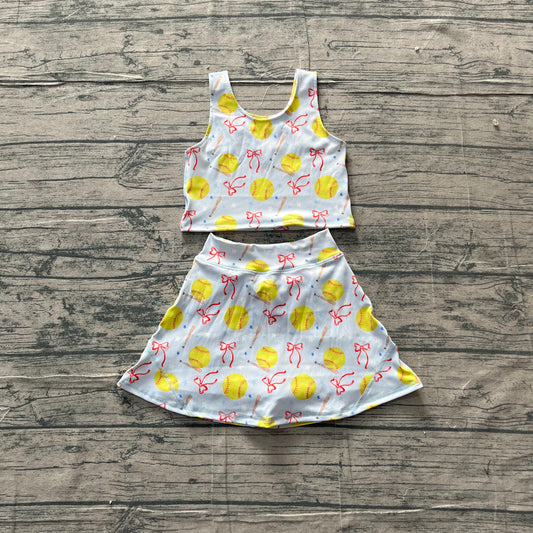 GSD3836Baby Girls Bows Softballs Vests Top Skirt Short Team Yoga Active Clothes Set Preorder