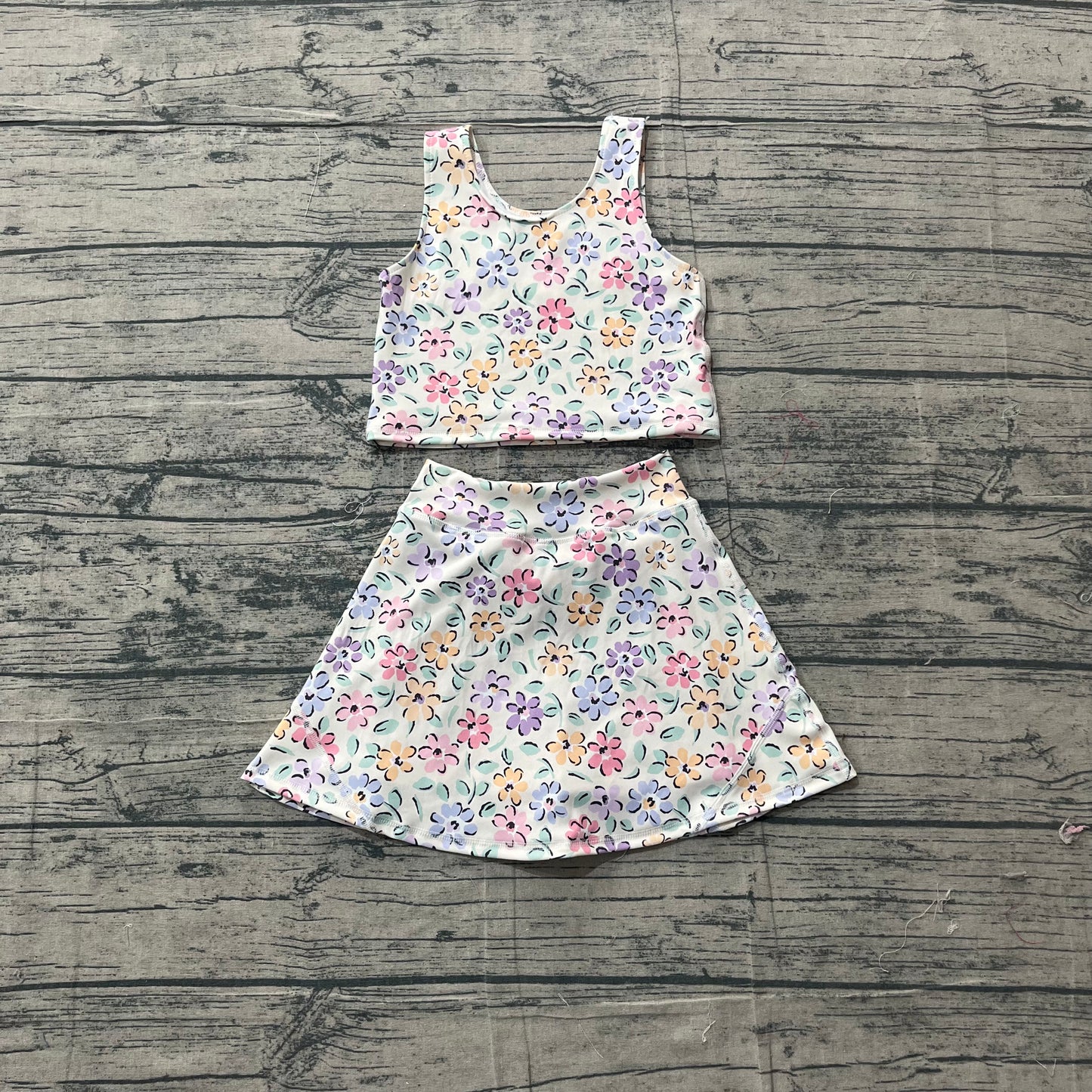 GSD3838Baby Girls Colorful Flowers Vests Top Skirt Short Yoga Active Clothes Set Preorder