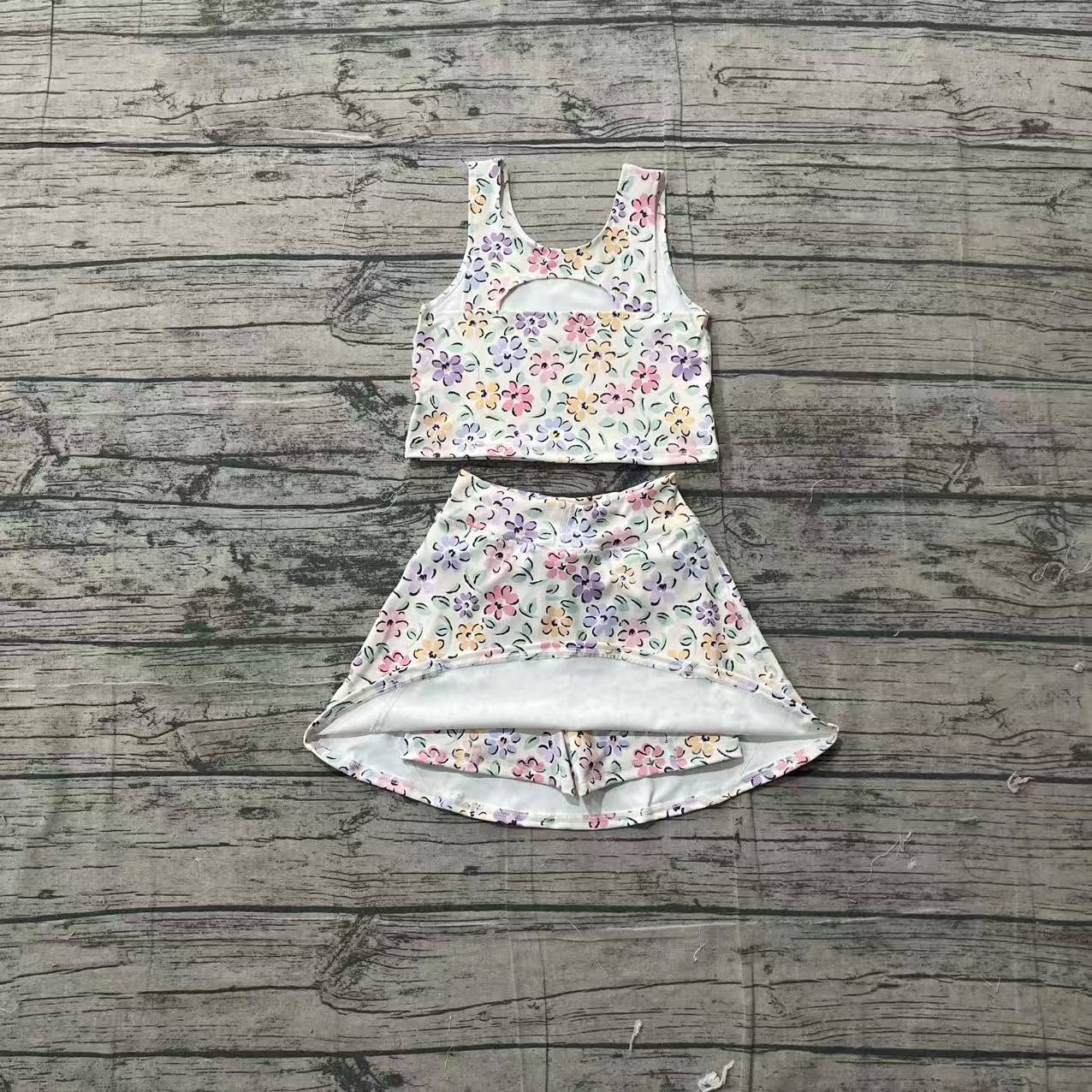 GSD3838Baby Girls Colorful Flowers Vests Top Skirt Short Yoga Active Clothes Set Preorder