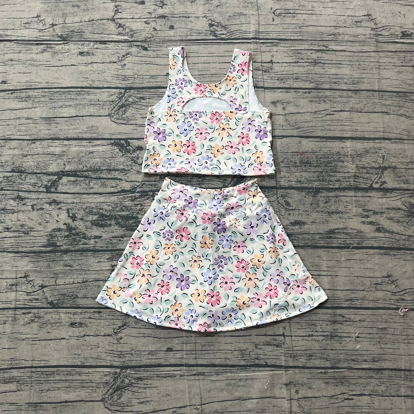 GSD3838Baby Girls Colorful Flowers Vests Top Skirt Short Yoga Active Clothes Set Preorder