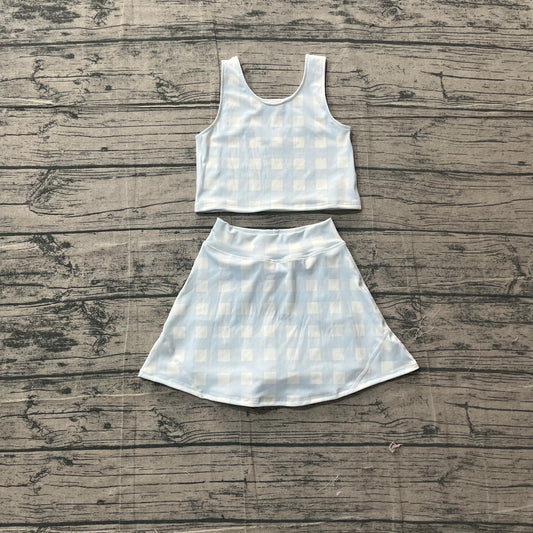 GSD3839Baby Girls Light Blue Vests Top Skirt Short Yoga Active Clothes Set Preorder