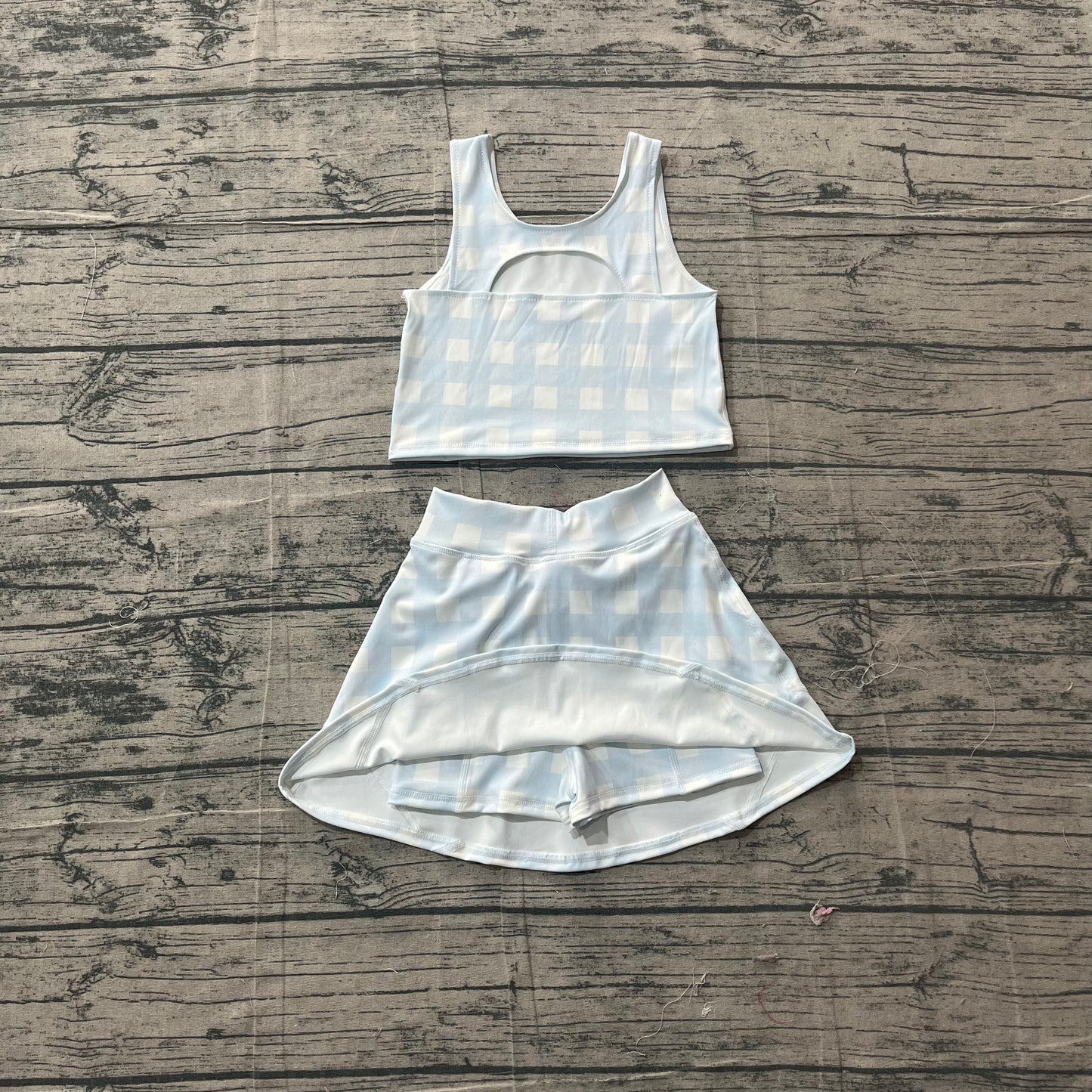 GSD3839Baby Girls Light Blue Vests Top Skirt Short Yoga Active Clothes Set Preorder