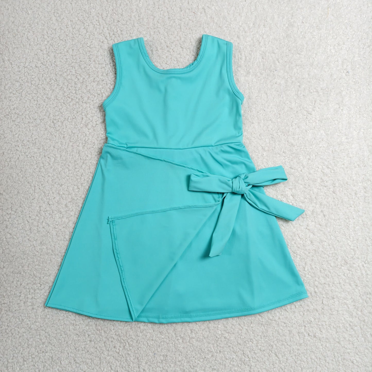 RTS NO MOQ Yoga GSD3876 Baby Girls Blue Aqua Sleeveless Bows Yoga Active Short Knee Length Dress