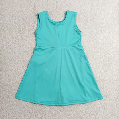 RTS NO MOQ Yoga GSD3876 Baby Girls Blue Aqua Sleeveless Bows Yoga Active Short Knee Length Dress