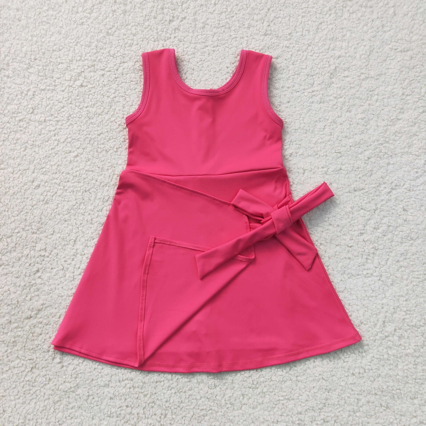 NEW RTS NO MOQ yoga fabric cotton GSD3878 Baby Girls Hot Pink Sleeveless Bows Yoga Active Knee Length Dress