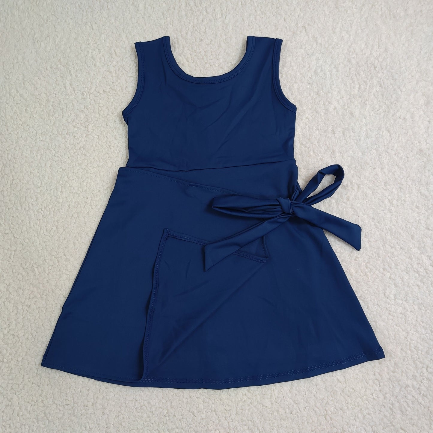 NEW RTS NO MOQ yoga fabric cotton GSD3880 Baby Girls Navy Summer Sleeveless Bow Print Knee Length Yoga Active Dress