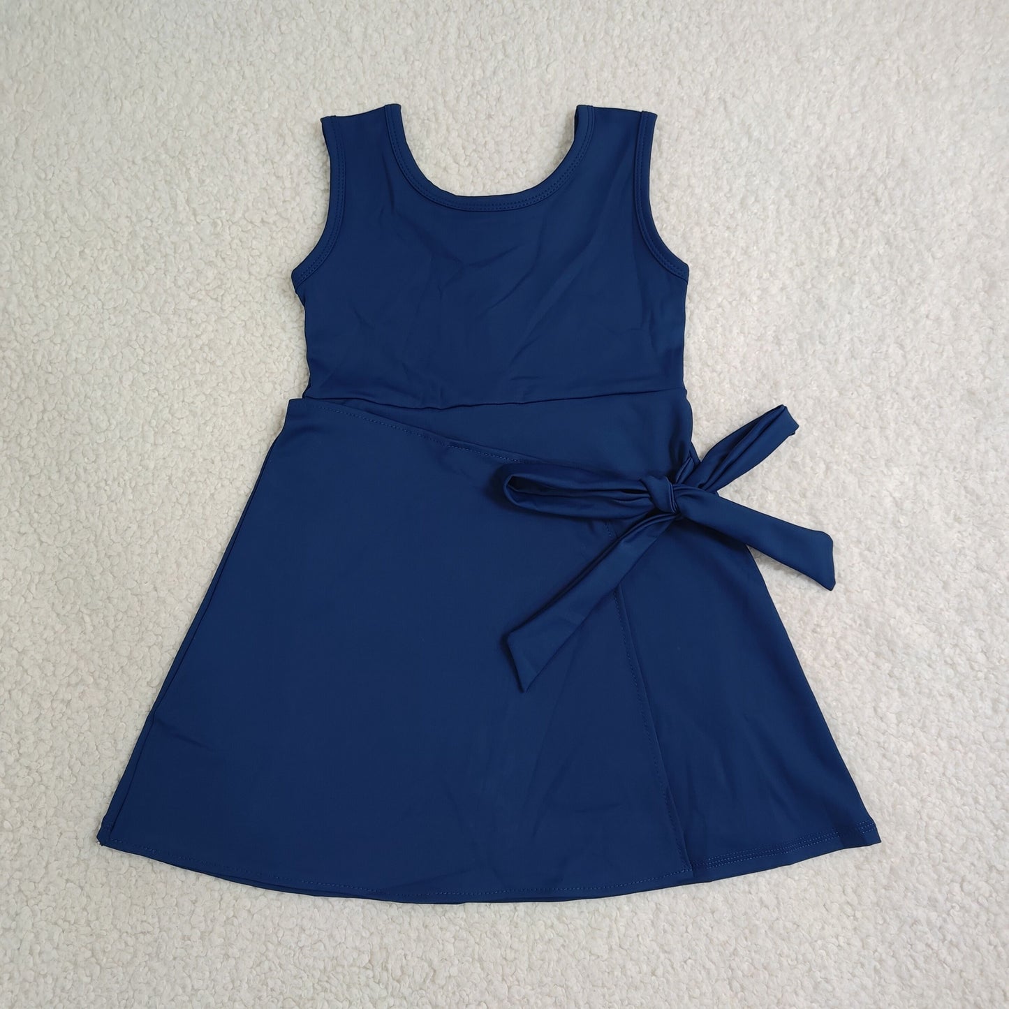NEW RTS NO MOQ yoga fabric cotton GSD3880 Baby Girls Navy Summer Sleeveless Bow Print Knee Length Yoga Active Dress