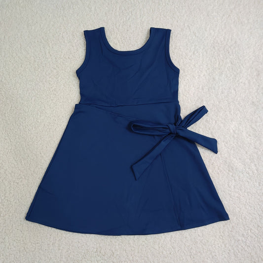 NEW RTS NO MOQ yoga fabric cotton GSD3880 Baby Girls Navy Summer Sleeveless Bow Print Knee Length Yoga Active Dress