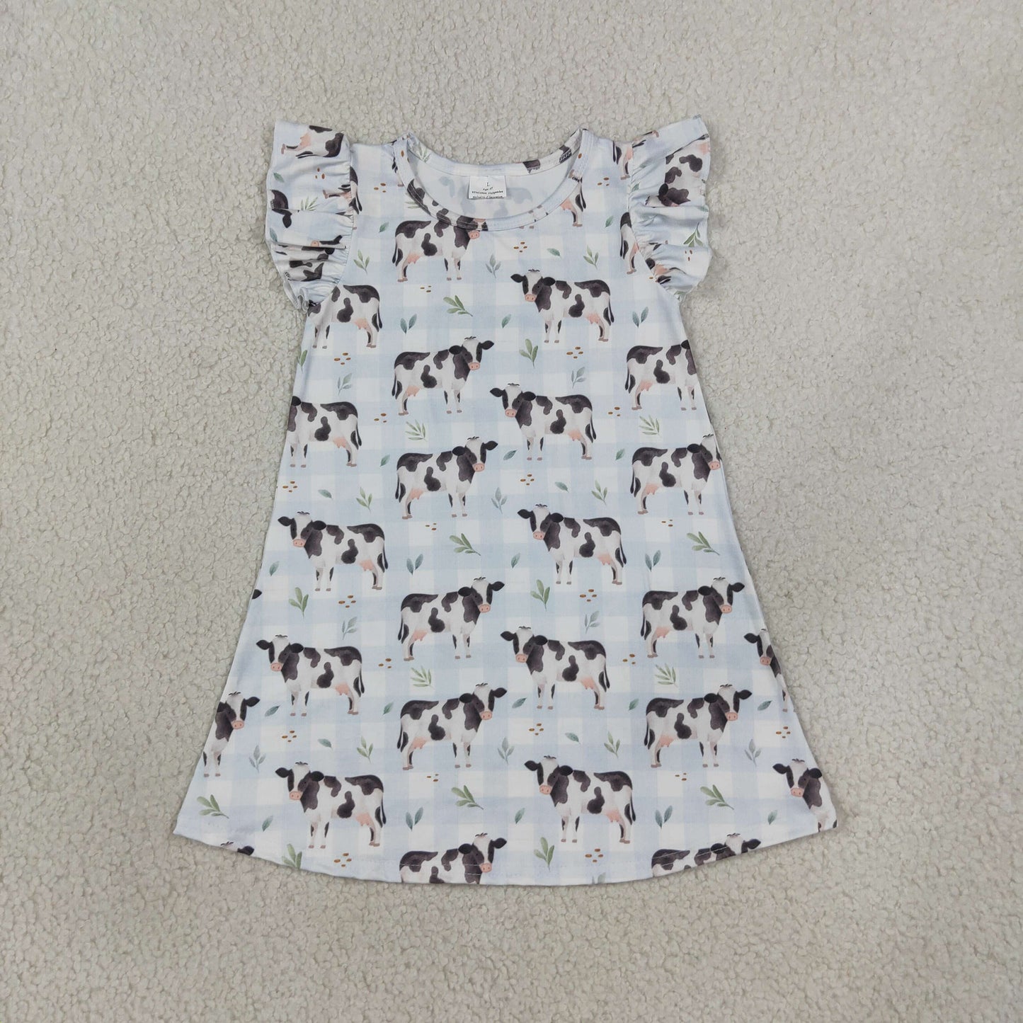 NEW RTS NO MOQ milk silk GSD3895 Baby Girls Flutter Sleeve Blue Checked Cows Farm Knee Length Dresses