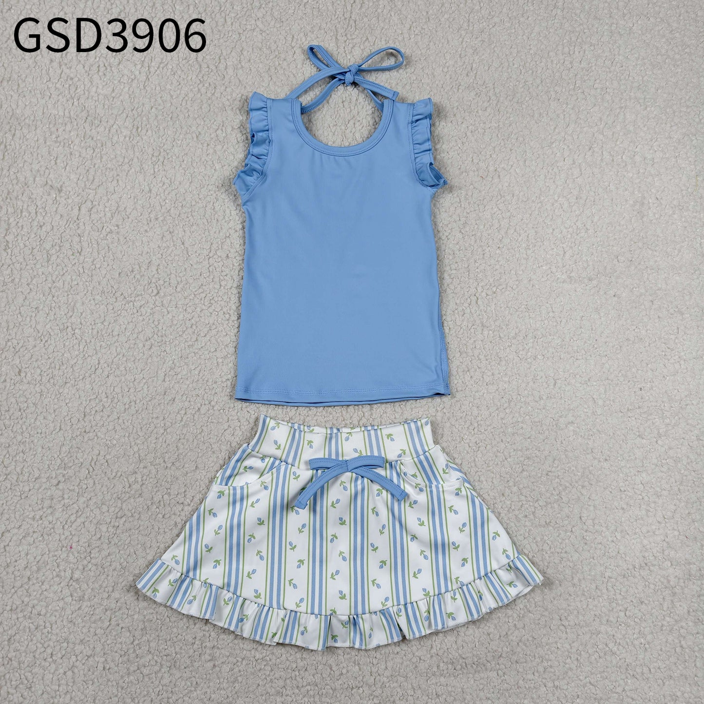 Baby Girls Blue Sleeveless Top Flowers Skirt Shorts Yoga Active Clothes Set