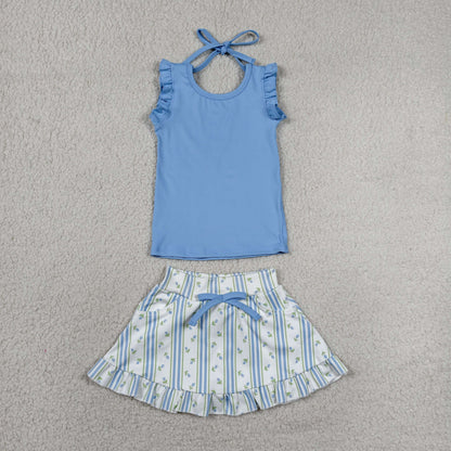 Baby Girls Blue Sleeveless Top Flowers Skirt Shorts Yoga Active Clothes Set