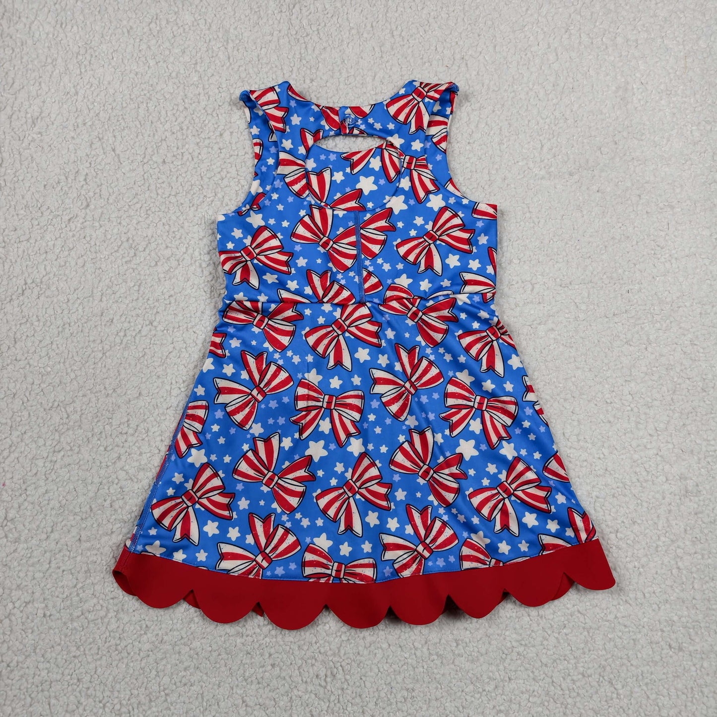 RTS NO MOQ Yoga GSD3925 Baby Girls Flag Bows Stars 4th of July Yoga Active Short Scallop Knee Length Dress