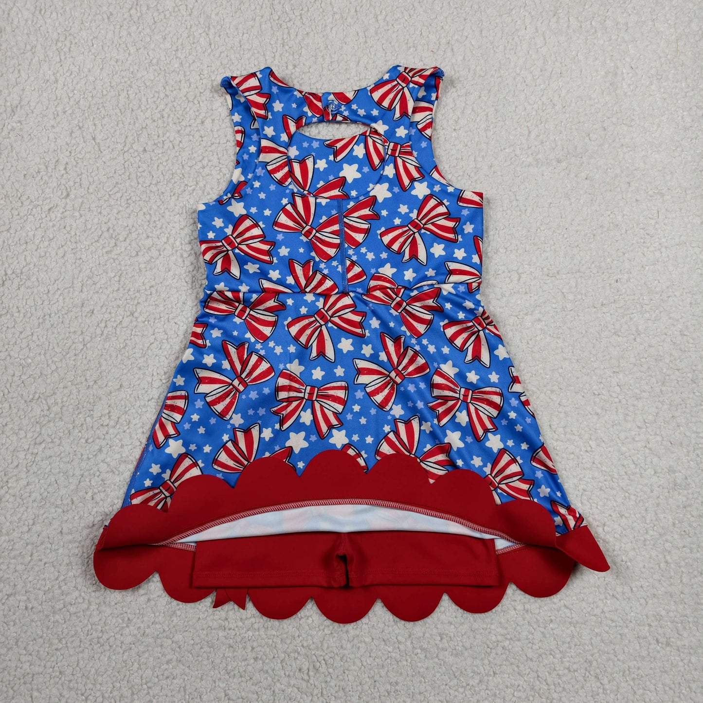 RTS NO MOQ Yoga GSD3925 Baby Girls Flag Bows Stars 4th of July Yoga Active Short Scallop Knee Length Dress