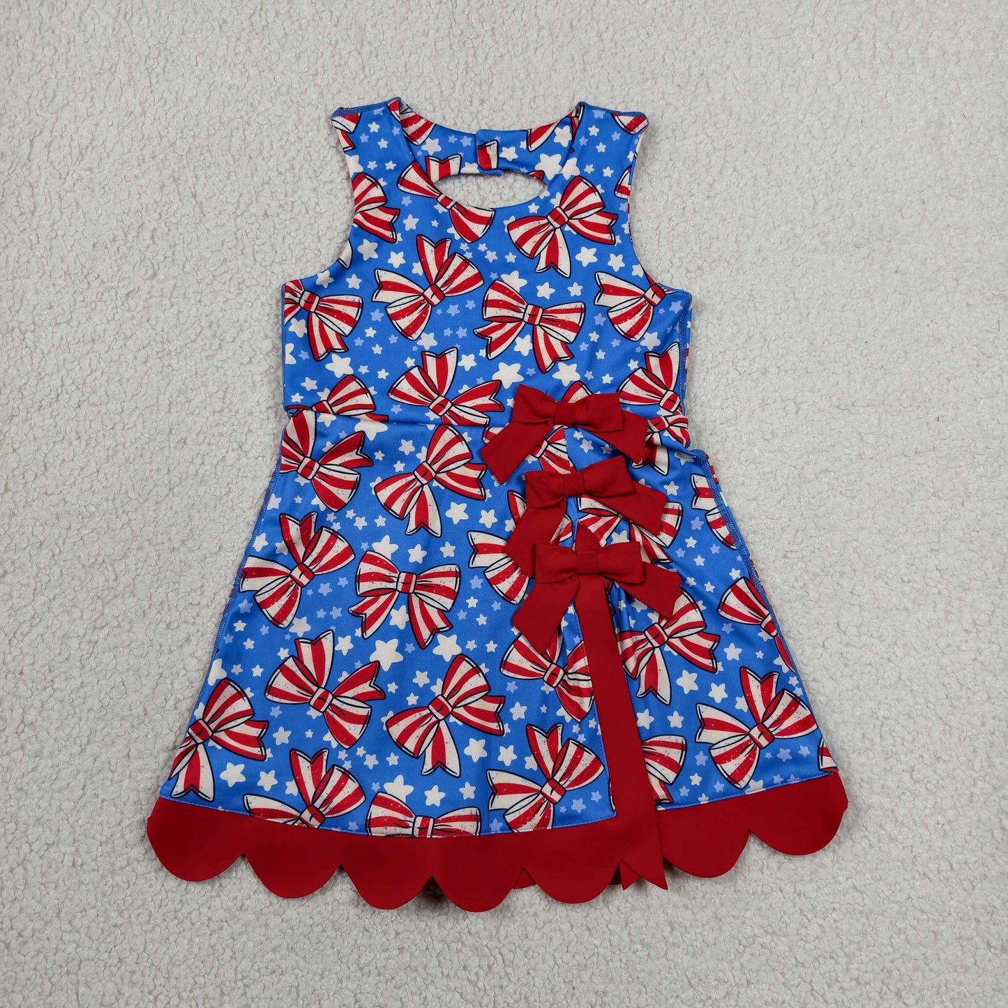 RTS NO MOQ Yoga GSD3925 Baby Girls Flag Bows Stars 4th of July Yoga Active Short Scallop Knee Length Dress