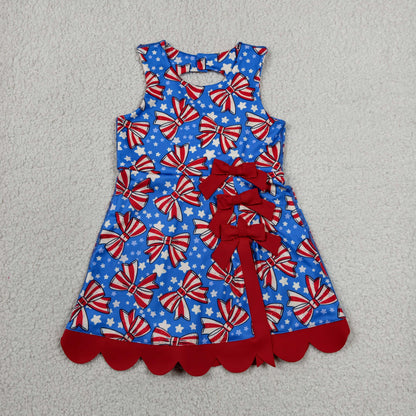 RTS NO MOQ Yoga GSD3925 Baby Girls Flag Bows Stars 4th of July Yoga Active Short Scallop Knee Length Dress