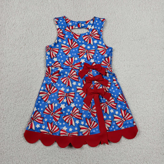 RTS NO MOQ Yoga GSD3925 Baby Girls Flag Bows Stars 4th of July Yoga Active Short Scallop Knee Length Dress
