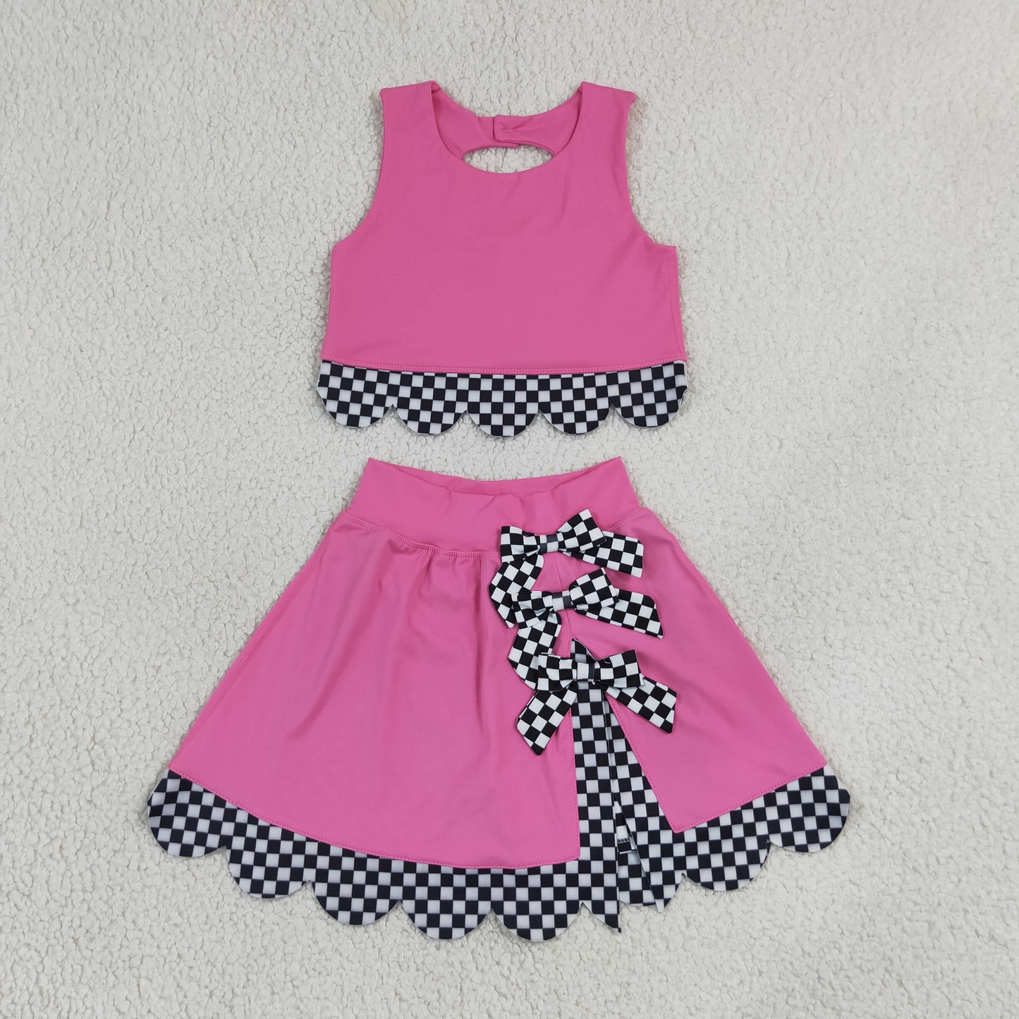 RTS NO MOQ Sibling yoga Baby Girls Solid Vest Bows Skirt Short Yoga Active Scallop Clothes Set
