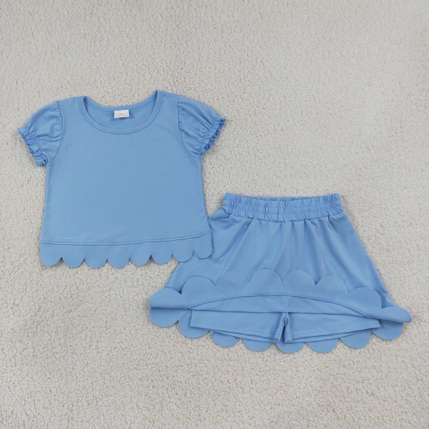 NEW RTS NO MOQ cotton  GSD3933 Baby Girls Blue Ruffle Short Sleeve Scallop Trim Skort Daily Outfit