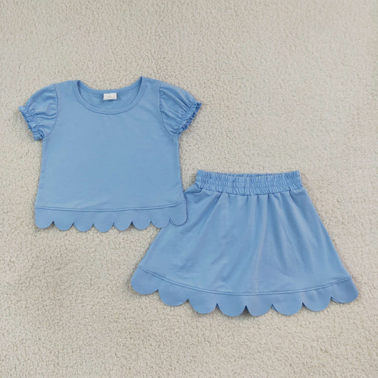 NEW RTS NO MOQ cotton  GSD3933 Baby Girls Blue Ruffle Short Sleeve Scallop Trim Skort Daily Outfit