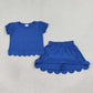 NEW RTS NO MOQ cotton GSD3937 Baby Girls Hot Blue Ruffle Sleeve Top Skirts Scallop Casual Set