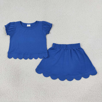 NEW RTS NO MOQ cotton GSD3937 Baby Girls Hot Blue Ruffle Sleeve Top Skirts Scallop Casual Set