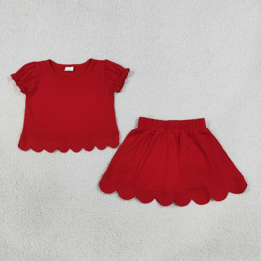 NEW RTS NO MOQ cotton GSD3938 Baby Girls Red Ruffle Sleeve Top Skirts Scallop Casual Set