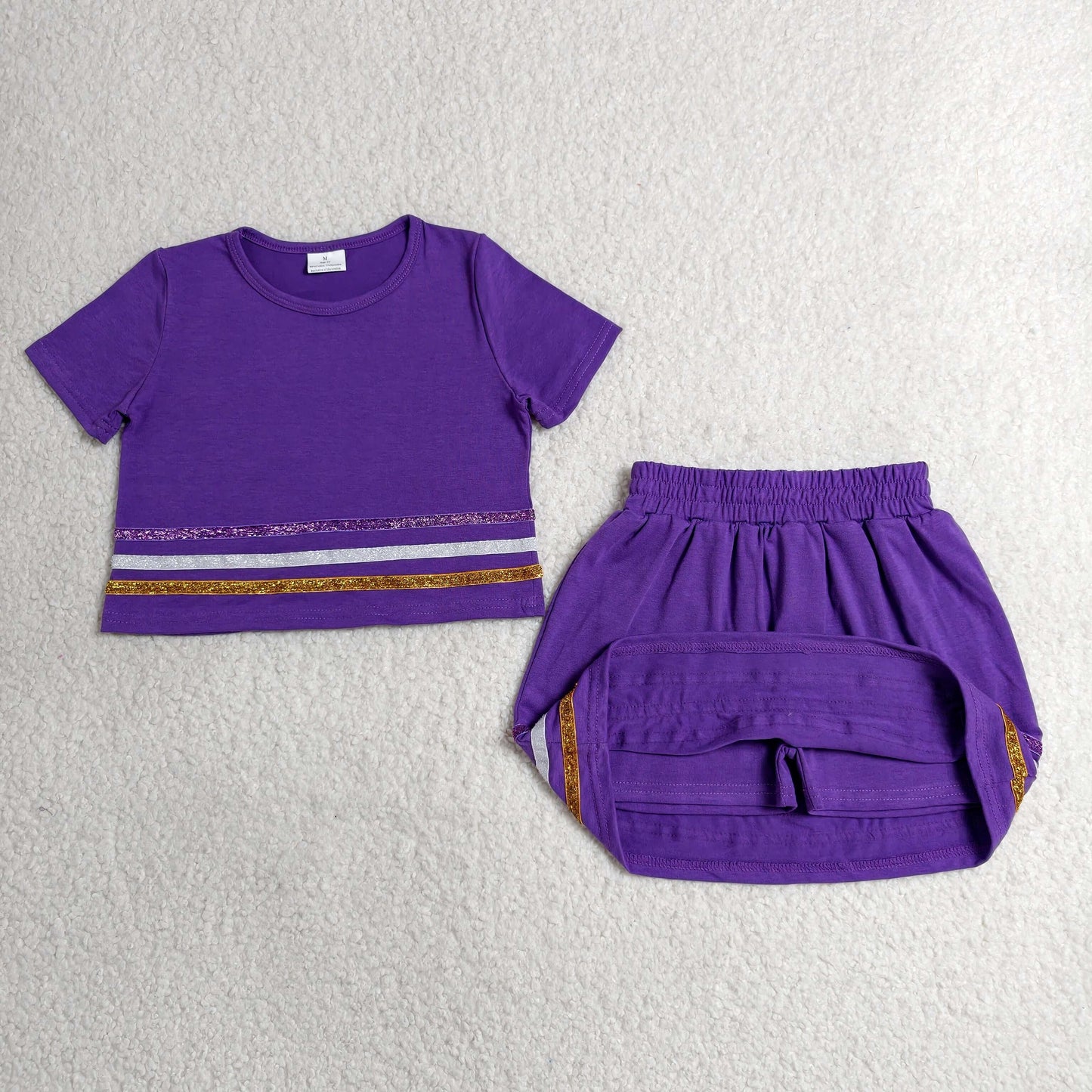 RTS NO MOQ milk silk GSD3944 Baby Girls Purple Short Sleeve Stripe Top Skirt Short Slouchy Clothes Sets