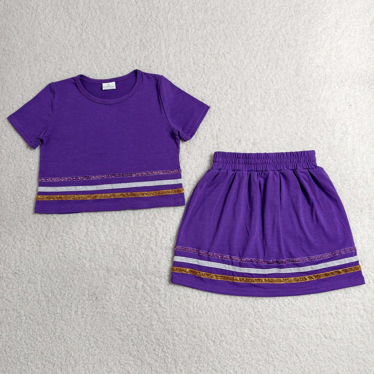 RTS NO MOQ milk silk GSD3944 Baby Girls Purple Short Sleeve Stripe Top Skirt Short Slouchy Clothes Sets