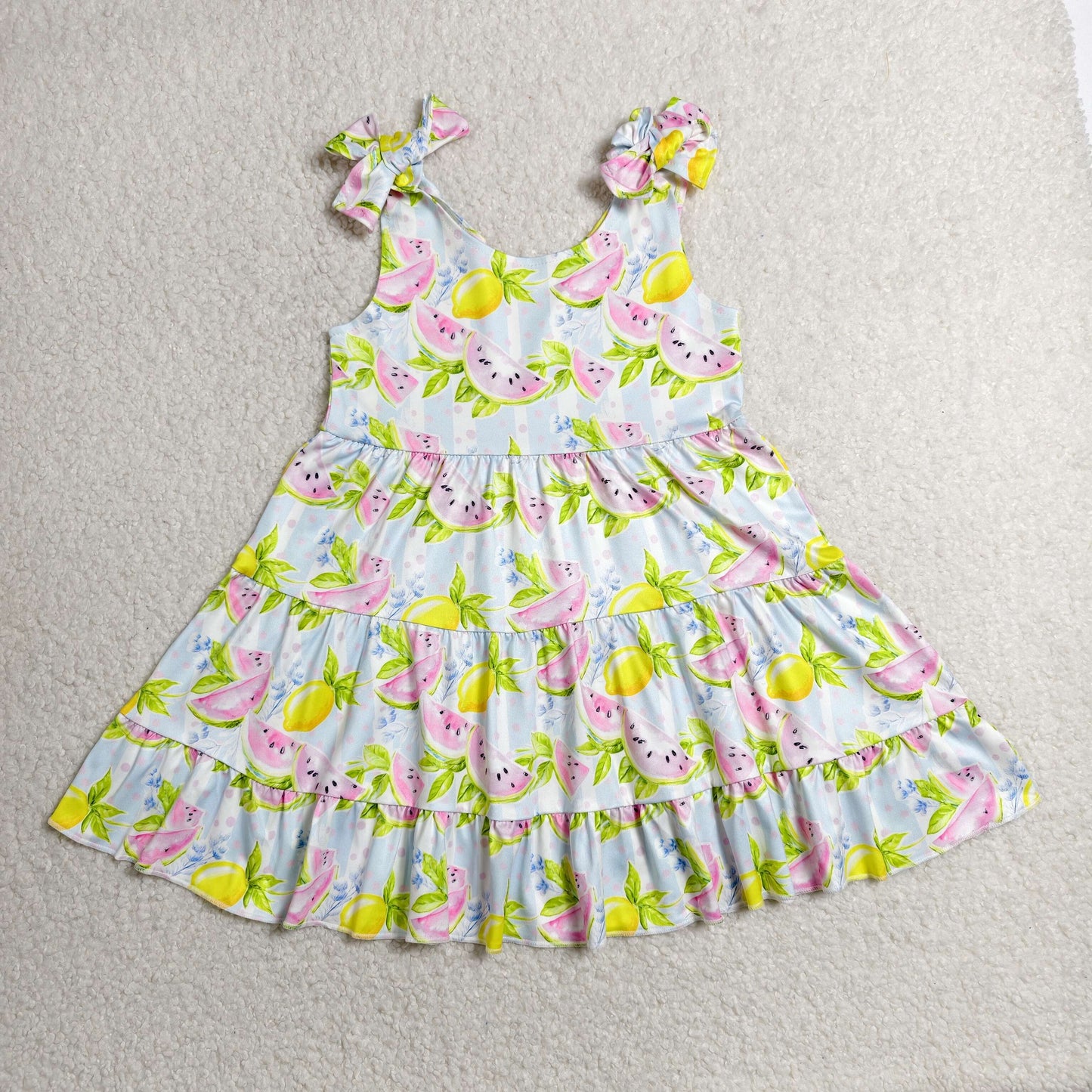RTS NO MOQ milk silk GSD3965 Baby Girls Strap Watermelon Lemons Patchwork Knee Length Dresses
