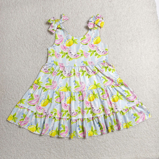 RTS NO MOQ milk silk GSD3965 Baby Girls Strap Watermelon Lemons Patchwork Knee Length Dresses