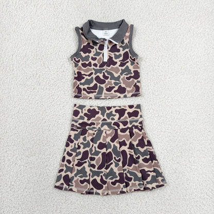 RTS NO MOQ Yoga GSD3969 Baby Girls Brown Camo Zip Vest Pleated Skirt Short Yoga Active Clothes Set