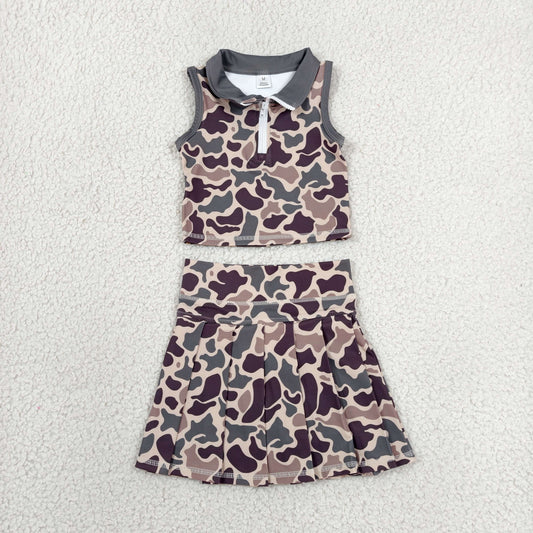 RTS NO MOQ Yoga GSD3969 Baby Girls Brown Camo Zip Vest Pleated Skirt Short Yoga Active Clothes Set