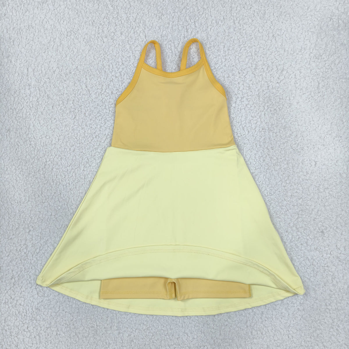 NEW RTS NO MOQ yoga fabric GSD3982 Baby Girls Yellow Strap Yoga Active Patchwork Knee Length Dress
