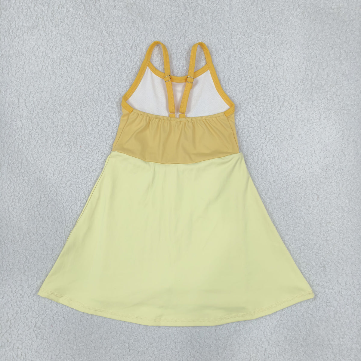 NEW RTS NO MOQ yoga fabric GSD3982 Baby Girls Yellow Strap Yoga Active Patchwork Knee Length Dress