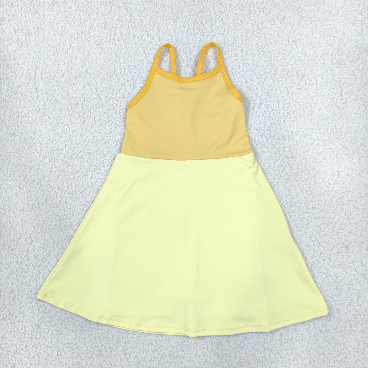 NEW RTS NO MOQ yoga fabric GSD3982 Baby Girls Yellow Strap Yoga Active Patchwork Knee Length Dress