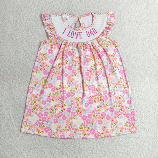 RTS NO MOQ milk silk GSD3986 Smocked I Love Dad Baby Girls Flutter Sleeve Flowers Knee Length Dresses