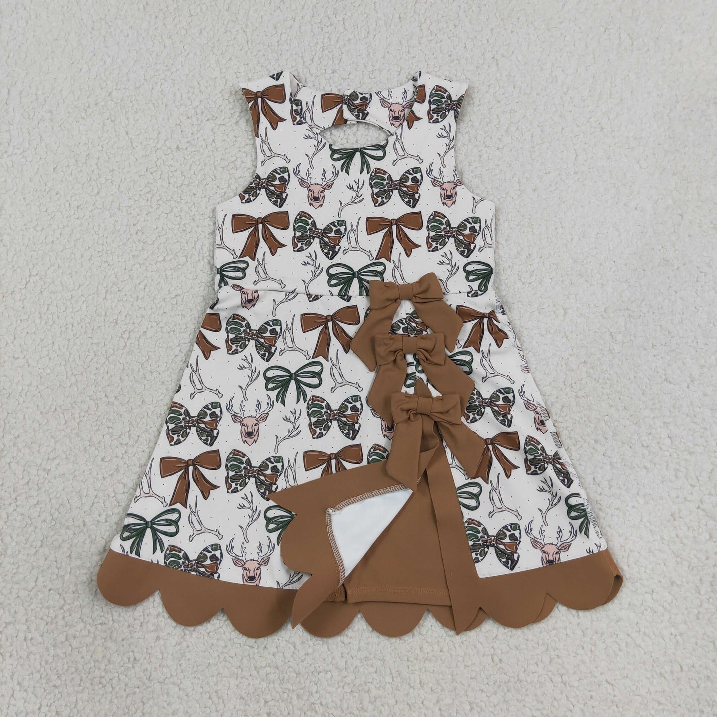 NEW RTS NO MOQ yoga fabric GSD4008 Yoga Baby Girls Camo Bow Deer Print Scallop Knee Length Yoga Active Dress
