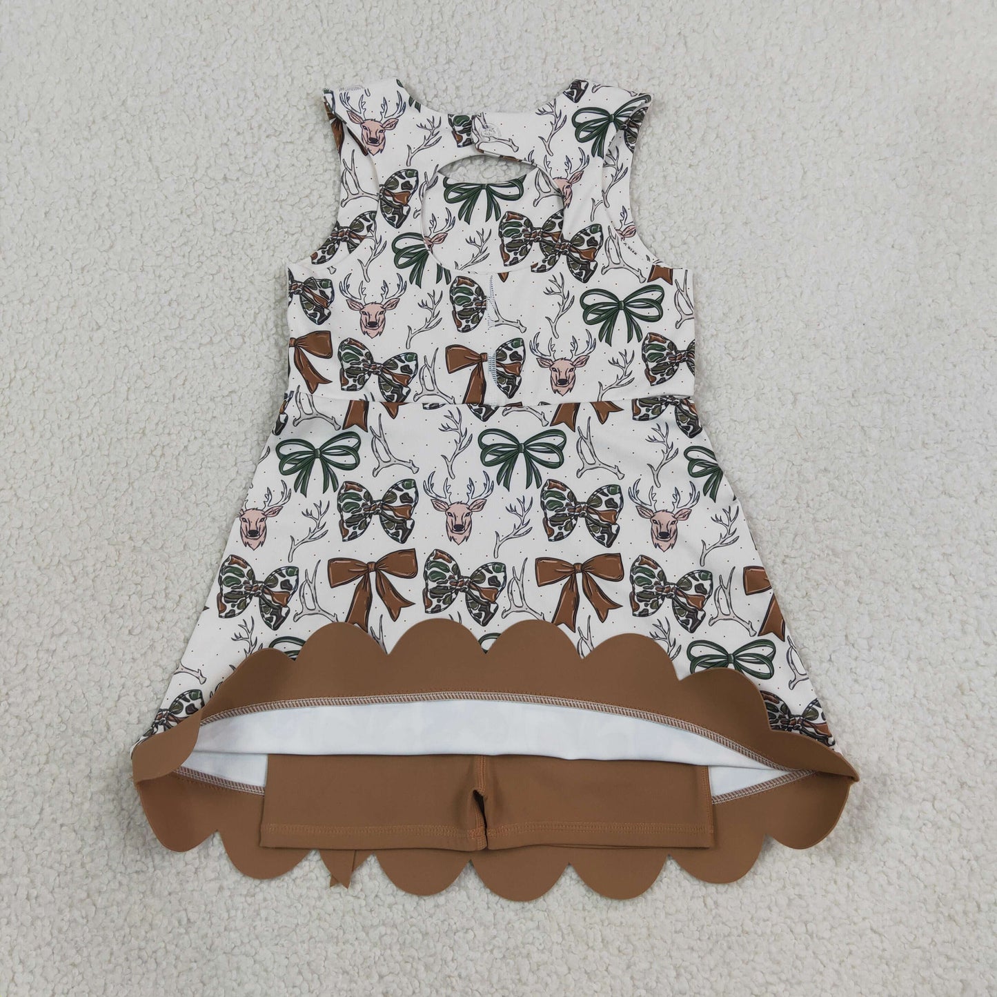 NEW RTS NO MOQ yoga fabric GSD4008 Yoga Baby Girls Camo Bow Deer Print Scallop Knee Length Yoga Active Dress