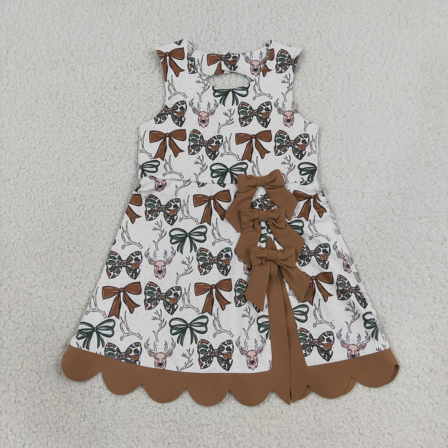 NEW RTS NO MOQ yoga fabric GSD4008 Yoga Baby Girls Camo Bow Deer Print Scallop Knee Length Yoga Active Dress