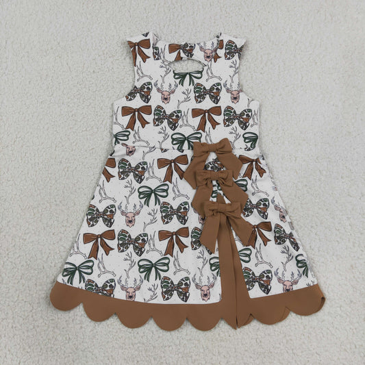 NEW RTS NO MOQ yoga fabric GSD4008 Yoga Baby Girls Camo Bow Deer Print Scallop Knee Length Yoga Active Dress