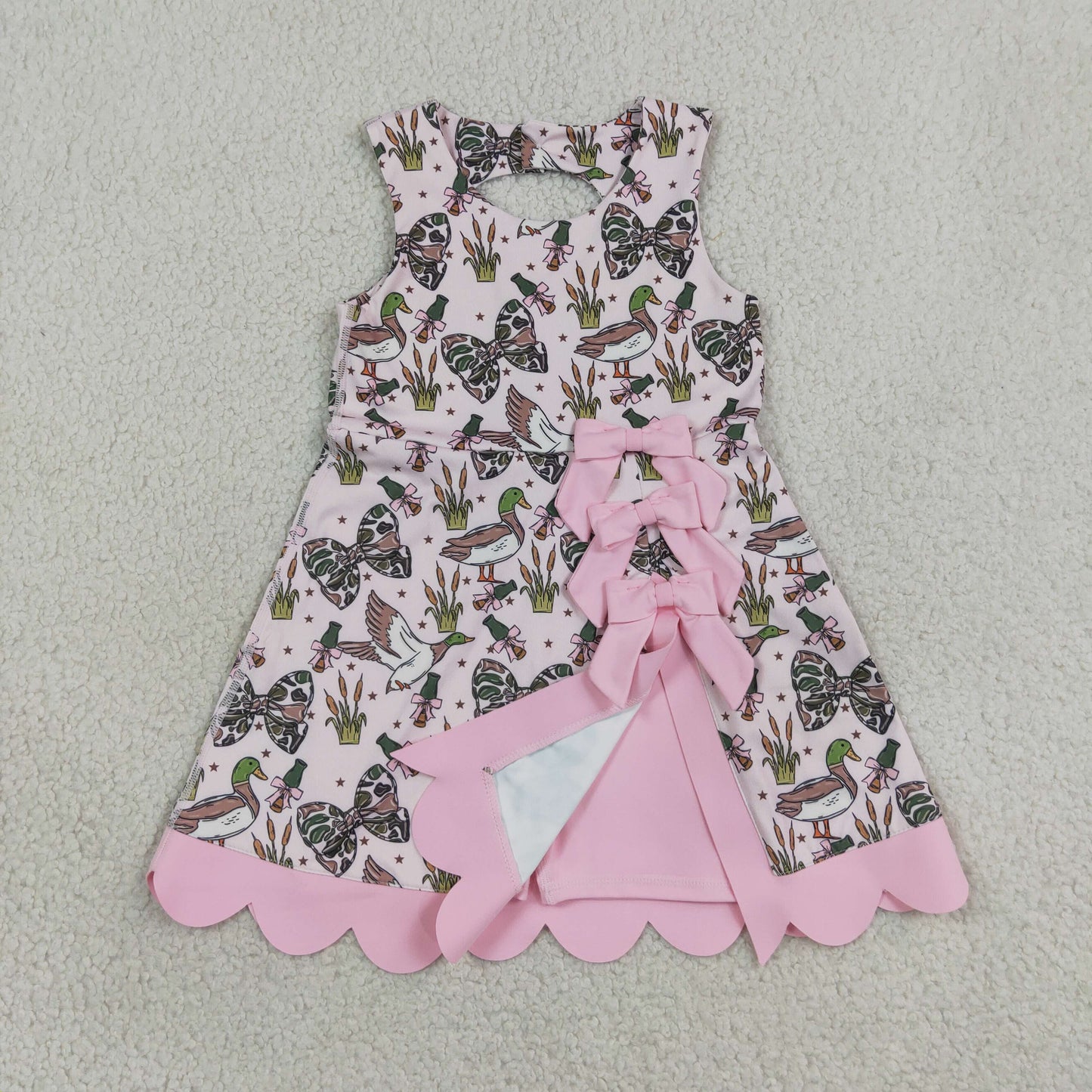 NEW RTS NO MOQ yoga fabric GSD4009 Baby Girls Camo Duck Bow Scallop Trim Knee Length Yoga Dress
