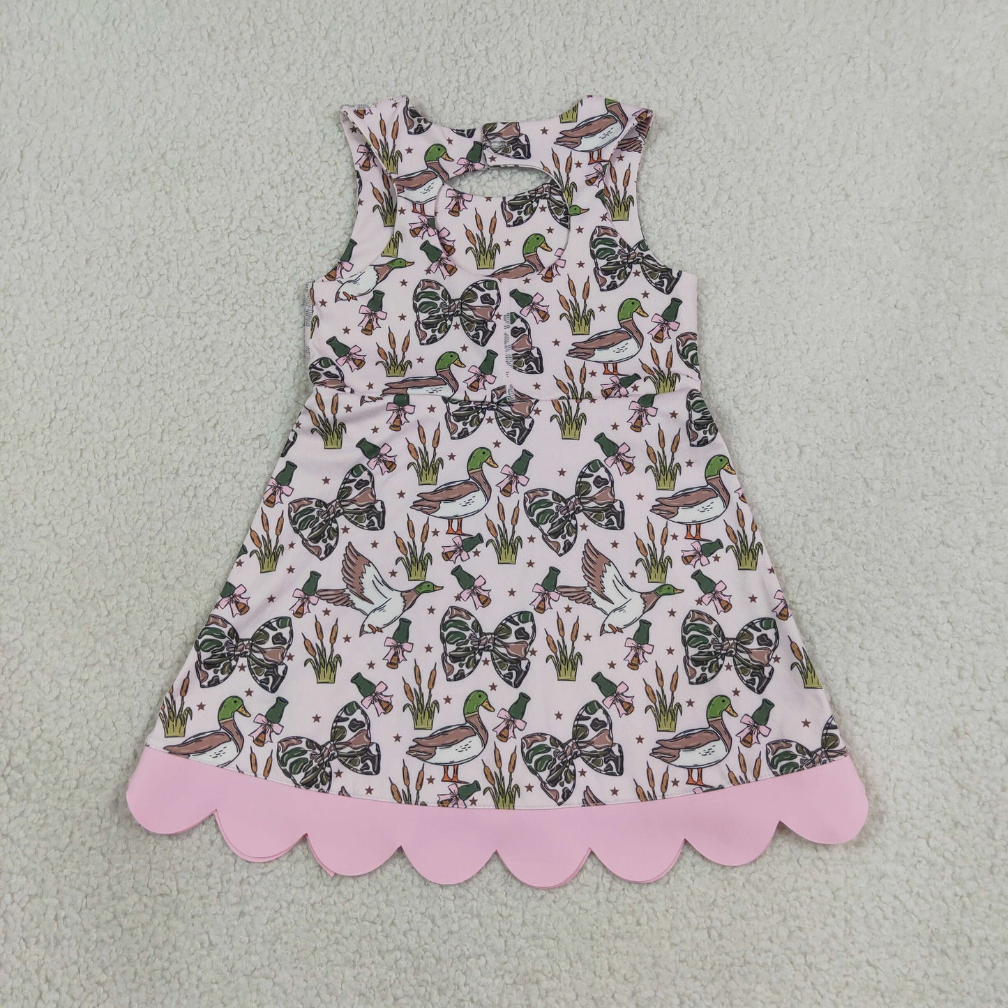 NEW RTS NO MOQ yoga fabric GSD4009 Baby Girls Camo Duck Bow Scallop Trim Knee Length Yoga Dress