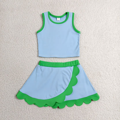 RTS NO MOQ Yoga GSD4021 Baby Girls Blue Green Vest Scallop Skirt Short Yoga Active Clothes Set