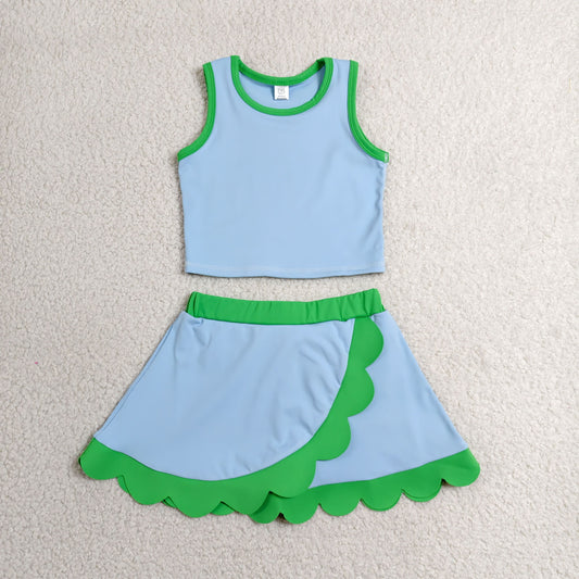 RTS NO MOQ Yoga GSD4021 Baby Girls Blue Green Vest Scallop Skirt Short Yoga Active Clothes Set