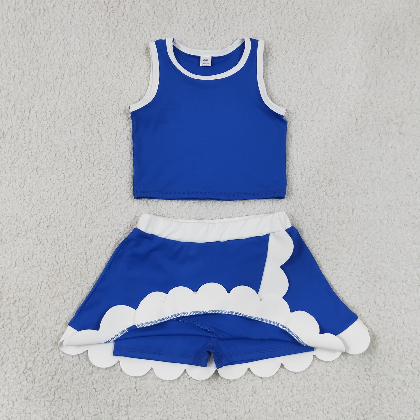 RTS NO MOQ yoga GSD4023 Baby Girls Sleeveless Blue White Vest Scallop Skirt Short Yoga Active Clothes Set