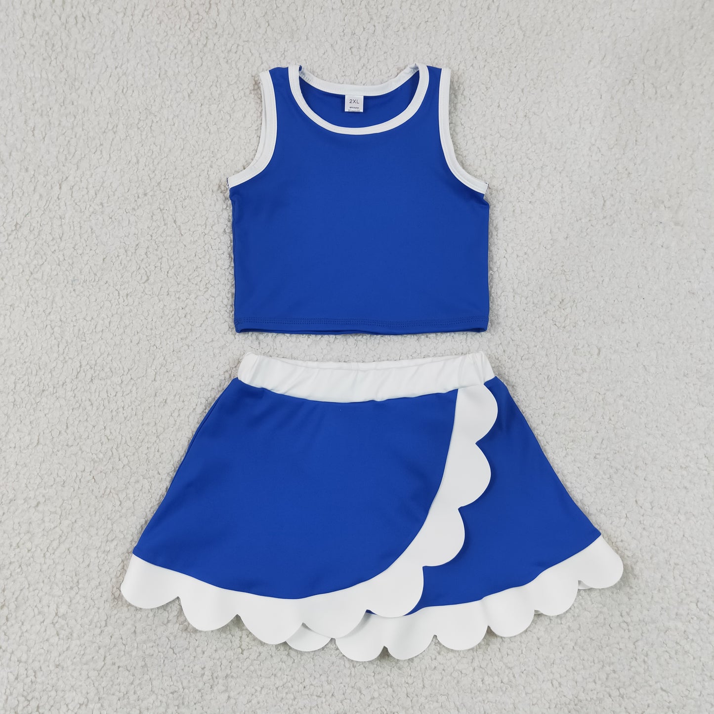 RTS NO MOQ yoga GSD4023 Baby Girls Sleeveless Blue White Vest Scallop Skirt Short Yoga Active Clothes Set